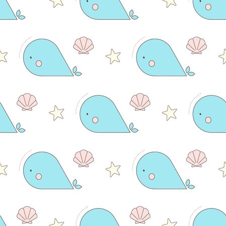 Cute seamless vector pattern with whales and seashellsの写真素材