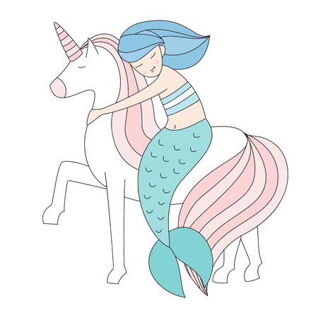 Mermaid and unicorn isolated vector illustrationのイラスト素材