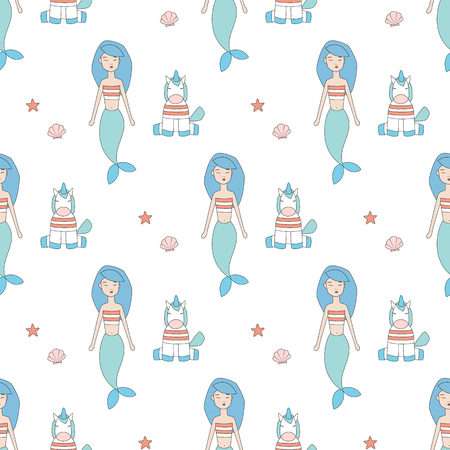 Mermaid and little unicorn seamless vector patternのイラスト素材