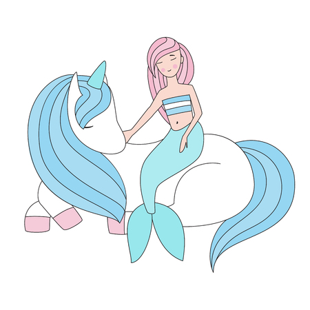 Cute mermaid sits on unicorn isolated vector illustration.のイラスト素材
