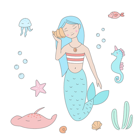 Mermaid listens to music from the shellのイラスト素材