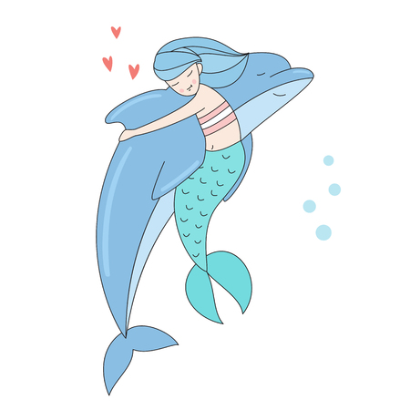 Dolphin hugging mermaid isolated vector illustrationのイラスト素材