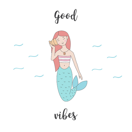 Cute mermaid listens good vibes in the shellのイラスト素材