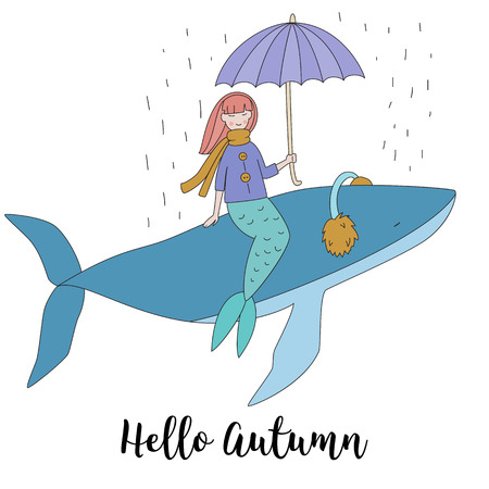 Mermaid with an umbrella sits on a whale isolated vector illustrationのイラスト素材