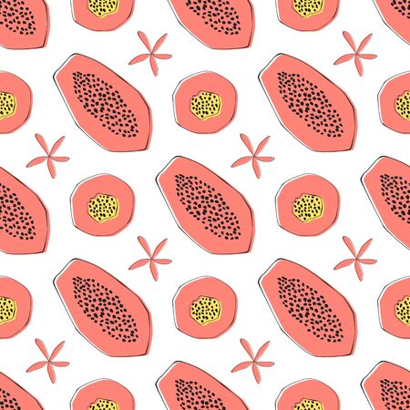 Papaya and tropical flowers seamless vector patternのイラスト素材