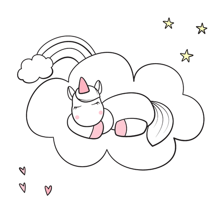 Cute unicorn sleeping on cloud isolated vector illustration.のイラスト素材
