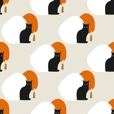 Black cat sits next to a candle seamless vector pattern.のイラスト素材