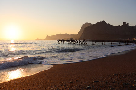 Sunset on the beach in Cabo de Gata, Spainの写真素材
