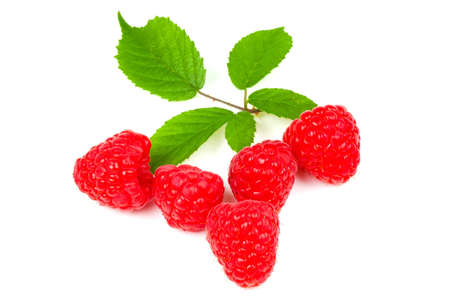Juicy red raspberries and leaf on white background