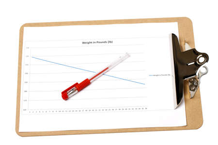A clipboard with a weight loss chart  on isolated white backgroundの写真素材