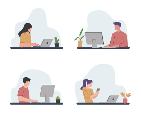 People are focused at workbenchのイラスト素材