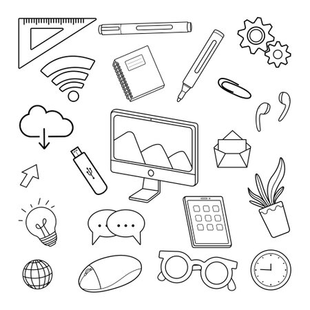 hand drawn workplace doodle elementsのイラスト素材