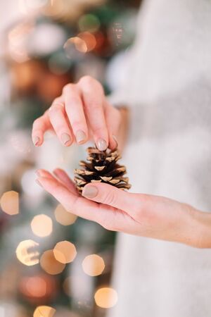 Christmas decoration in woman handsの写真素材