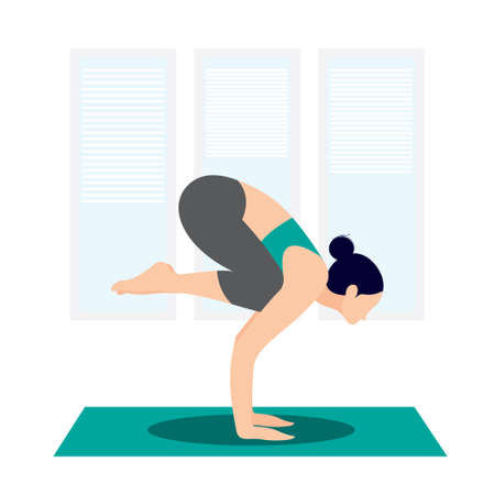 Active woman practicing yoga at home,  indoor yoga, yoga day vector illustration