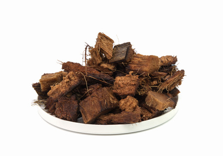 coconut husk chips on white backgroundの写真素材