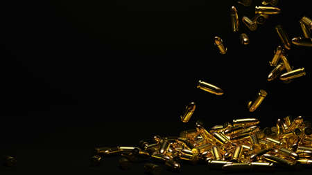 A digital 3D rendering of many 9mm bullets falling on a floor collecting into a pile.の写真素材
