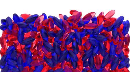 Many 3D rendered red  and blue gel pill tablets contained in frame over white background.