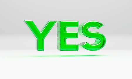 Glossy 3D Illustration of Green Glass text YES sign over white background with drop shadow.の写真素材