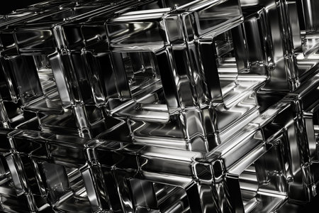 Glass textured 3D illustration of abstract cbues in a grid pattern.の写真素材