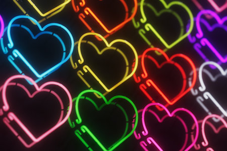 Multi colored 3D illustration of glowing neon sign over black reflective wall.の写真素材