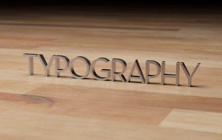 3D Rendered illustration of stainless steel TYOPGRAPHY text over wood plank floor.の写真素材