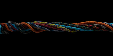 Highly detailed 3D illustration of multi colored paracords intertwined over black background with...