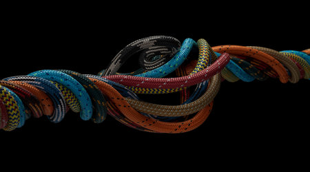 Highly detailed 3D illustration of multi colored paracords intertwined over black background with...
