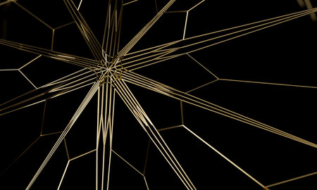 3d illustration of abstract geometric composition, golden lines on black background