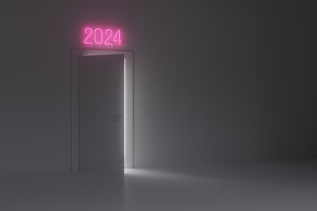 Conteptural 3D glowing neon 2024 sign over doorway in all white stark room.の写真素材