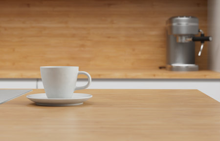Kitchen scene with coffee cup,small plate and coffee machine on countertop. 3D Illustration.の写真素材
