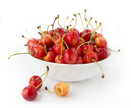 cherries in a white bowlの写真素材