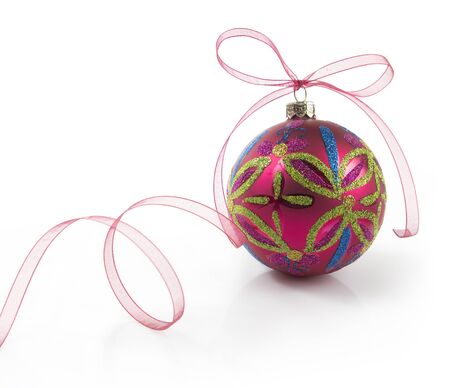 christmas ball with ribbon isolated on white backgroundの写真素材
