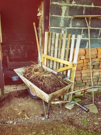 Wheelbarrow with manure from chickensの素材