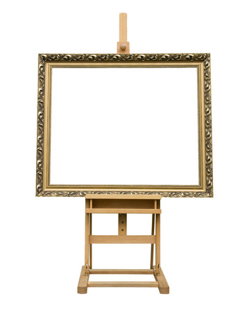 Blank art frame on wooden easel  Two clipping paths included の写真素材