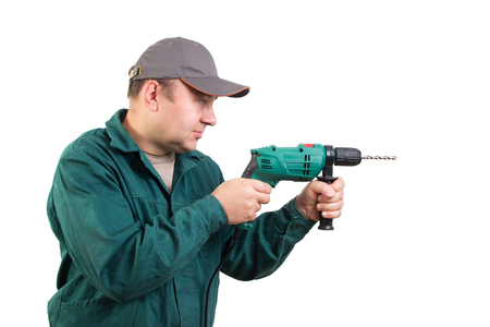 drilling worker isolated on white background, clipping path includedの写真素材