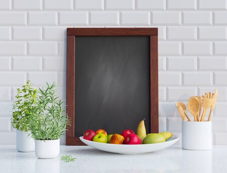 Mock up blackboard frame with herbs and fruits in the kitchen. 3D render image.の写真素材