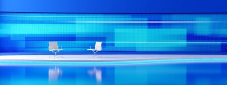 Two white, empty chairs in the modern tv studio with the wide screen. 3D render illustration.の写真素材