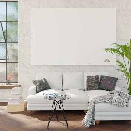 Living room with couch and mockup pictures.  3D render. 3D illustration.の写真素材