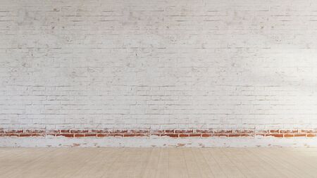 Empty brick wall and wooden floor. Grunge minimal design. Empty interior. 3D render image.の写真素材