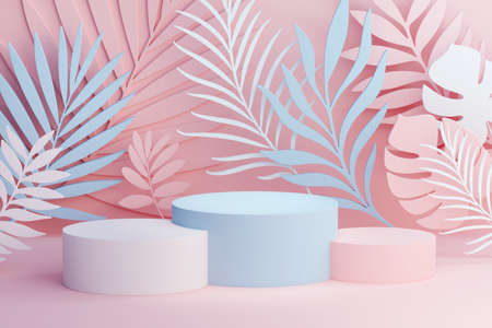 Podium platform for product presentation. Summer leaves in the background. Summertime background 3d illustration. 3D render.の写真素材