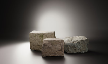 Podium platform for product presentation made of three big rocks. Podium display set. Trendy minimalist banner. 3d illustration. 3D render.の写真素材