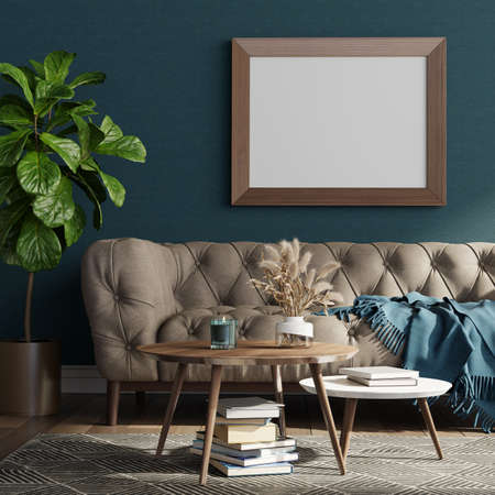 Dark green retro living room with coffe tables, sofa, plant and mock-up picture. 3D render. 3D illustration.の写真素材