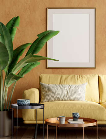 Sunny, orange retro living room with coffe tables, sofa, plant and mock-up picture. Clipping paths for picture mock-up. 3D render. 3D illustration.の写真素材