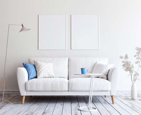 Retro room with couch, coffee table, big plant and mock up pictures. 3D render. 3D illustration.の写真素材