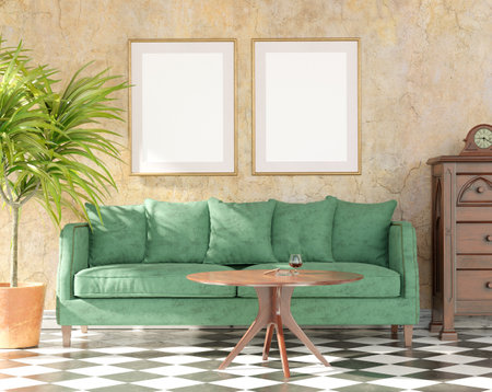 Retro room with couch, coffee table, big plant and mock up pictures. 3D render. 3D illustration.の写真素材