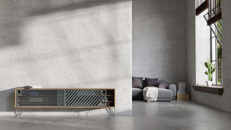 Large living room loft, sunny interior, wall mock up. 3D render. 3D illustration.の写真素材