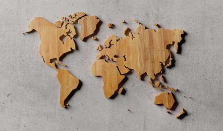 Wooden world map on concrete wall. 3D render. 3D illustration.の写真素材