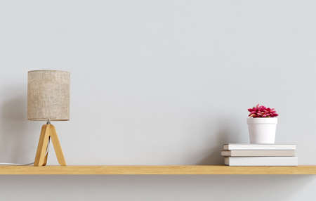 Lamp, books and succulent plant on the shelf against empty wall mockup. 3D render. 3D illustration.の写真素材