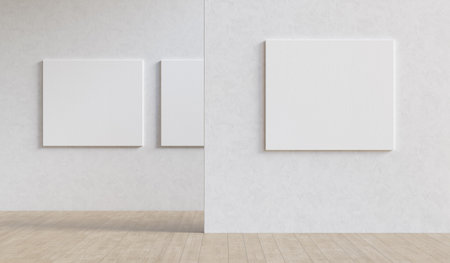 Gallery exhibition interior with three blank mockup canvases. Presentation concept. 3D render. 3D illustration.の写真素材