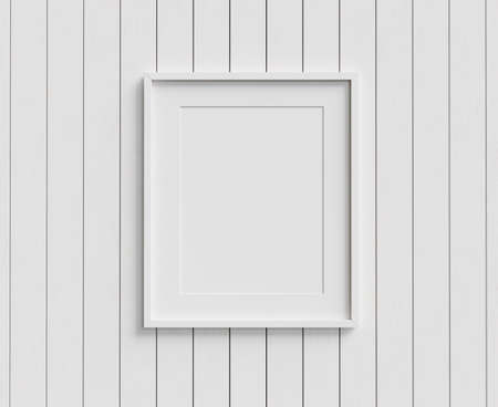 White single frame on planked wall. Picture mock up. 3D render. 3D illustration.の写真素材